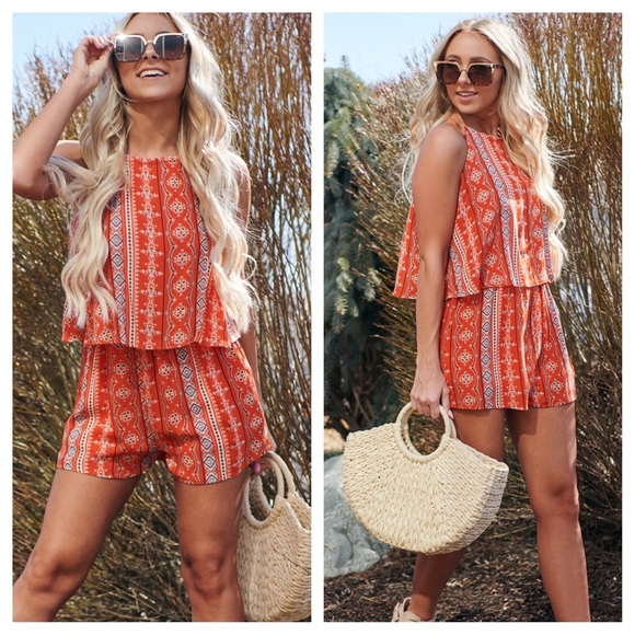 Sadie & Sage Pants - Sadie & Sage Red Orange Popover Aztec Boho Romper